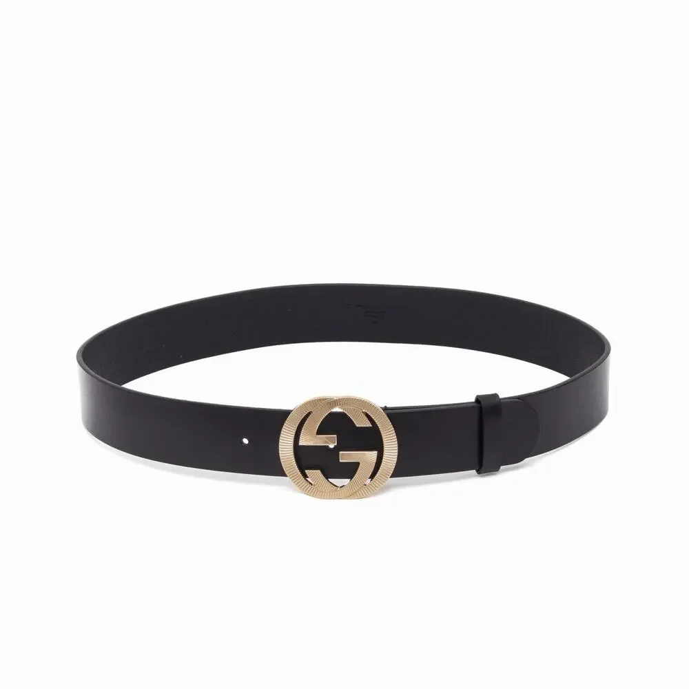 570$ GUCCI Black Leather Belt Gold-Tone Textured Interlocking GG Buckle 85/34